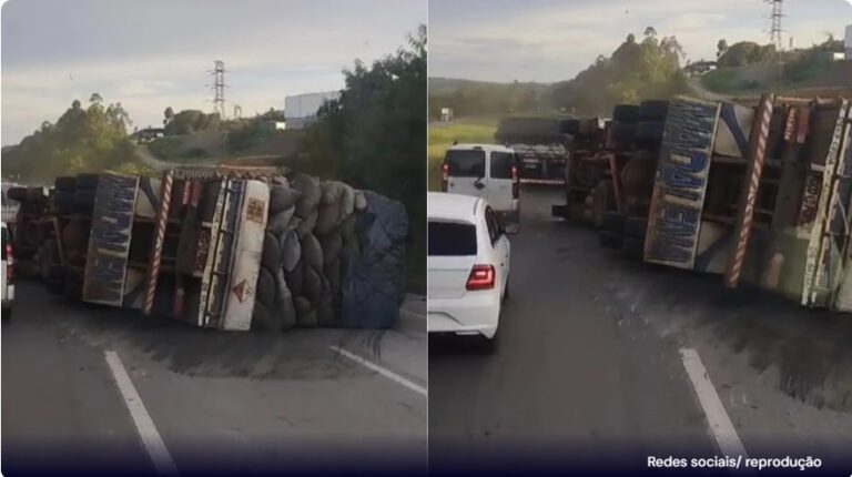 Tombamento de caminhão fecha BR-040 parcialmente há mais de 7h em Sete Lagoas (MG), no sentido BH