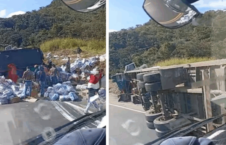 VÍDEO: Populares saqueiam carga de fraldas após tombamento de caminhão na BR-381